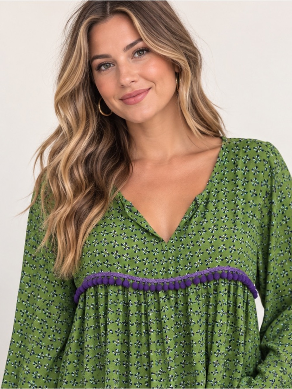 Natural Life Green Blouse Purple PomPom Trim Size S/M